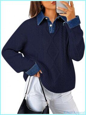 Womens Cable Knit Sweater Oversized Denim Polo Pullover Button V-Neck
